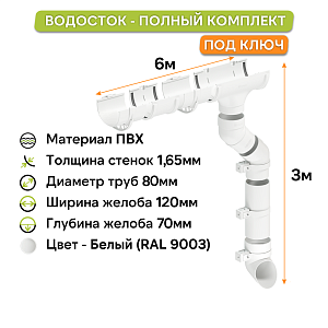 Комплект водосточной системы Docke СТАНДАРТ 120х80мм, 6х3м Белый